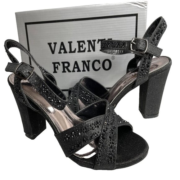 Valenti Franco Strappy Sandal Black Glitter Beaded High Heel Shoes Women's 7.5 - Picture 1 of 11